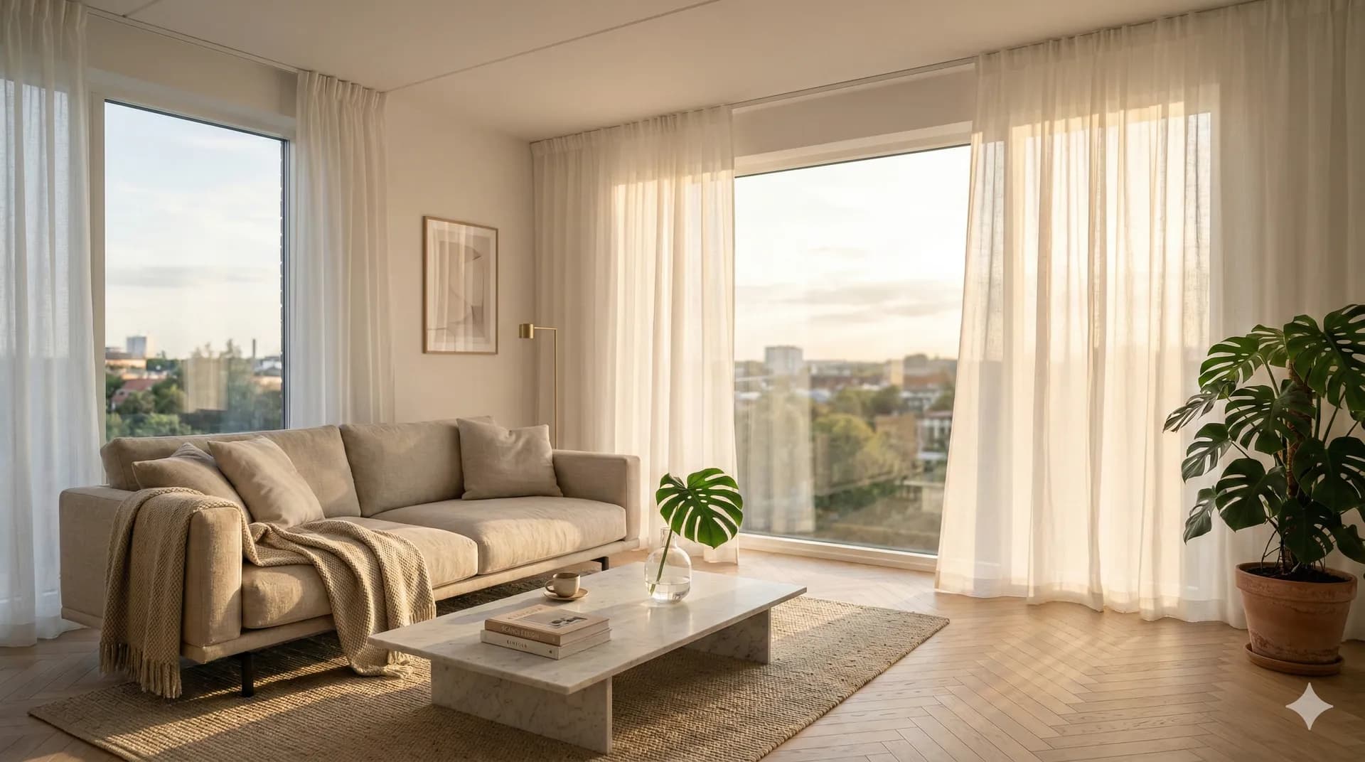 Elegancki salon ze złotym światłem i zasłonami spływającymi z sufitu