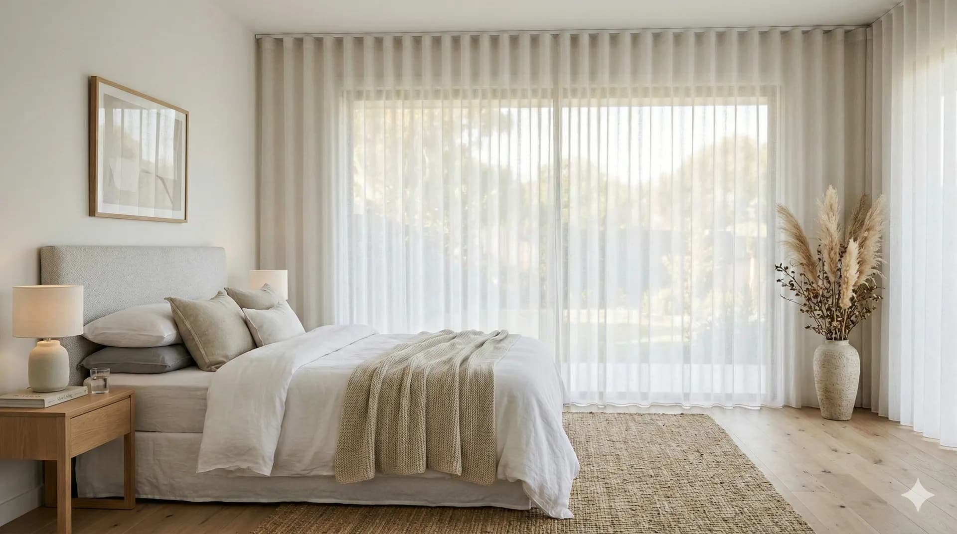 Jasna sypialnia z delikatnymi zasłonami wave w porannym świetle