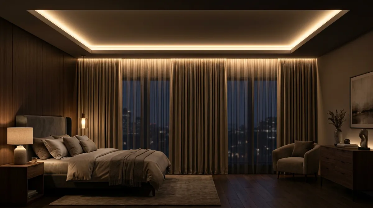 Eleganckie wnętrze z oświetleniem LED i karniszami elektrycznymi